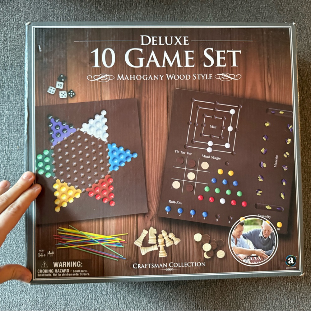 Deluxe 10 Game Set - Mahogany Wood chess checkers mancala backgammon mill NEW